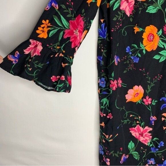 Old Navy Black Multi Color Floral Flare Flounce Sleeve Shift Dress Rayon M - Picture 5 of 11